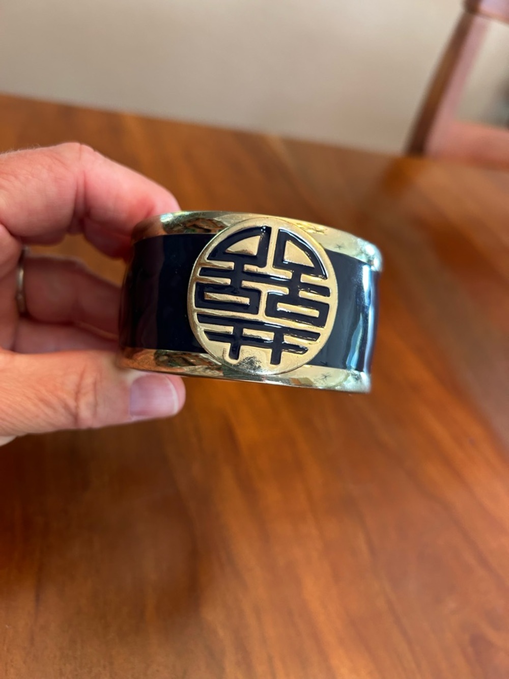 Gold and Navy Blue Enamel Wide Hinged Clamper Bangle Bracelet